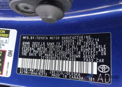 2014 Toyota Corolla S Plus from USA, damaged, VIN 2T1BURHE3EC178466